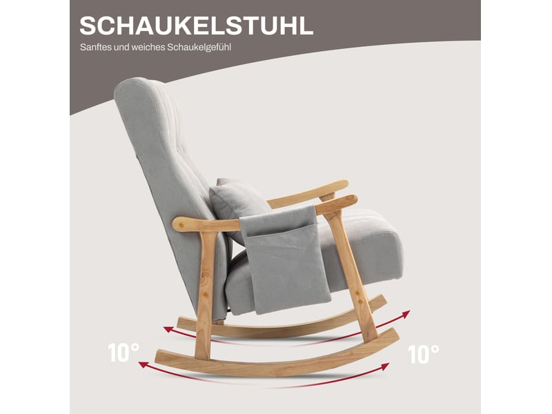 Fauteuil à bascule 65x90x98 cm, coussin lombaire, poches latérales, polyester et bois de hêtre, gris - Conforama D