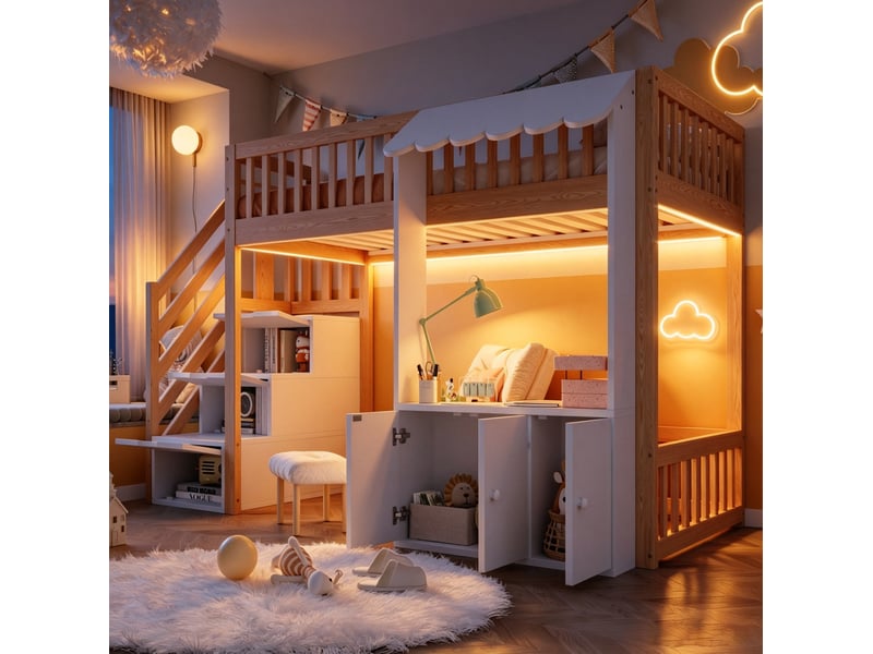  Lit mezzanine modenvie 90 x 200 cm avec escalier de rangement, led multicolore, bois clair  - Conforama E