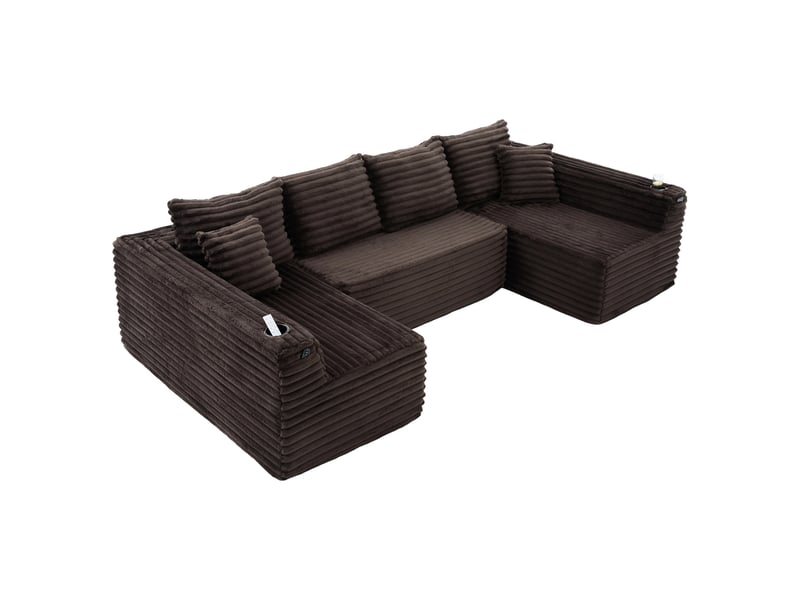  Canapé modulable en u en velours côtelé, grande assise profonde avec porte-gobelet, 4 coussins de dossier et 2 coussins décoratifs  - Conforama A