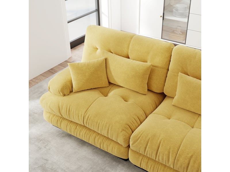  Canapé modulable en chenille jaune 2 places avec deux ottomans mobiles, coussins lombaires et décoratifs, assise profonde pour salon  - Conforama D