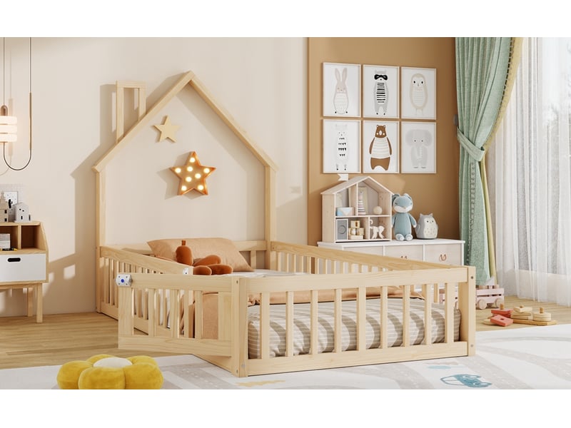  Lit cabane enfant 90x200 cm en pin naturel, style minimaliste, forme cheminée, sommier à lattes  - Conforama B