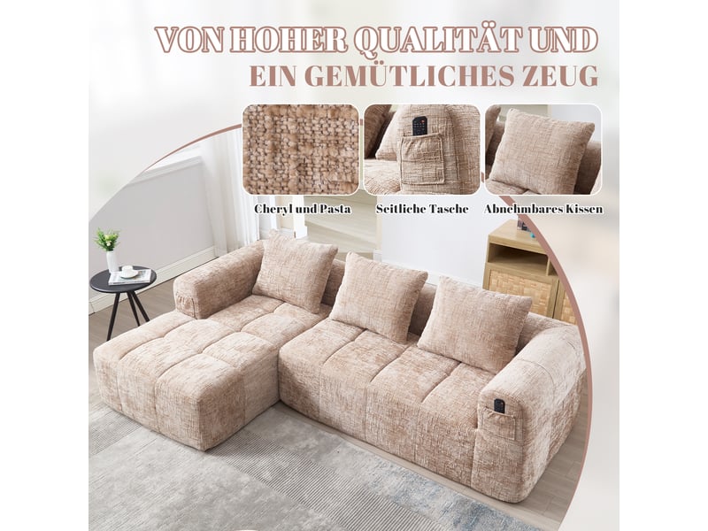  Canapé 3 places en chenille kaki avec méridienne et 3 coussins, sans montage  - Conforama W