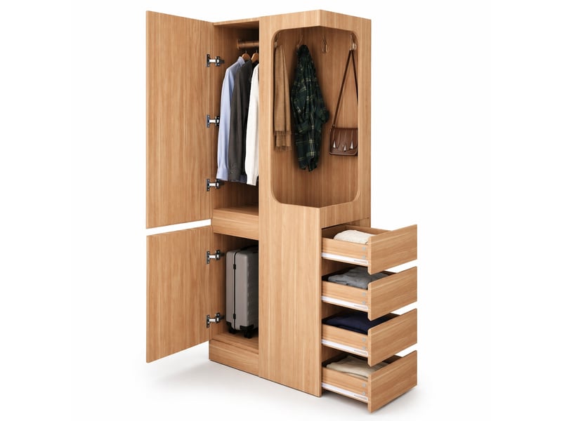  Armoire 70x40x170 cm 1 porte avec 4 tiroirs bois et MDF blanc et bois, espace ouvert et rangements pratiques  - Conforama A