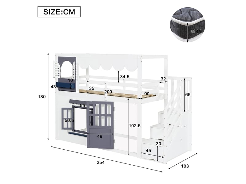 Lit surélevé enfant 90x200 cm blanc et bleu en bois, avec escalier de rangement et porte ouvrante, pour chambre d'enfant - Conforama C