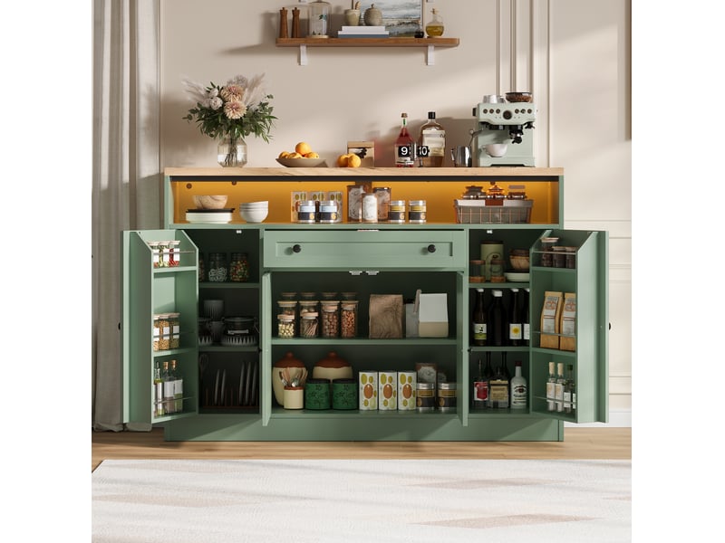  Buffet avec led rgb et  avec 4 portes et tiroir, buffet salon 140x35x95 cm en mdf vert, meubles de rangement  - Conforama W