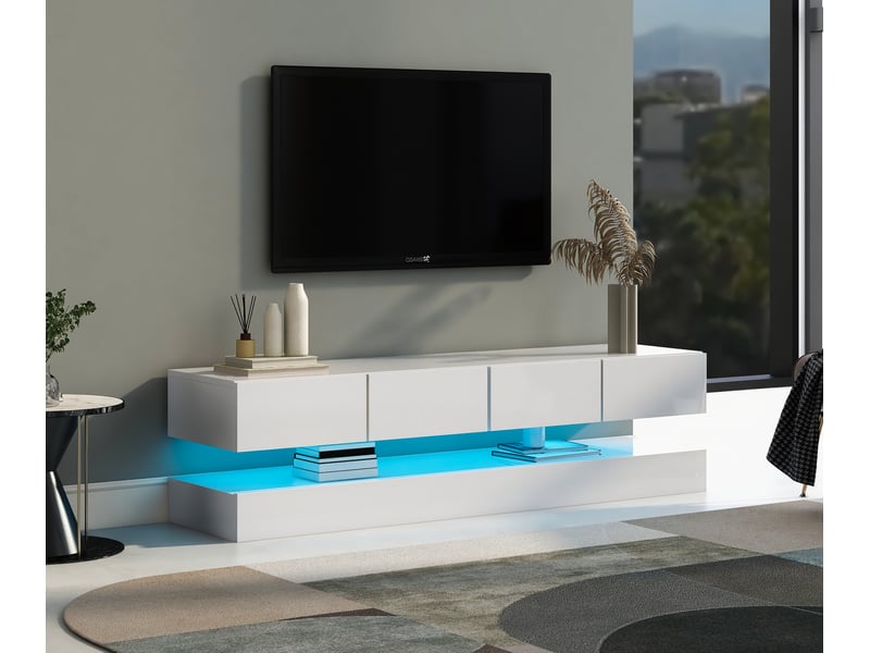  Meuble tv suspendu blanc 130 cm avec led bluetooth pour téléviseur jusqu'à 55 pouces  - Conforama R