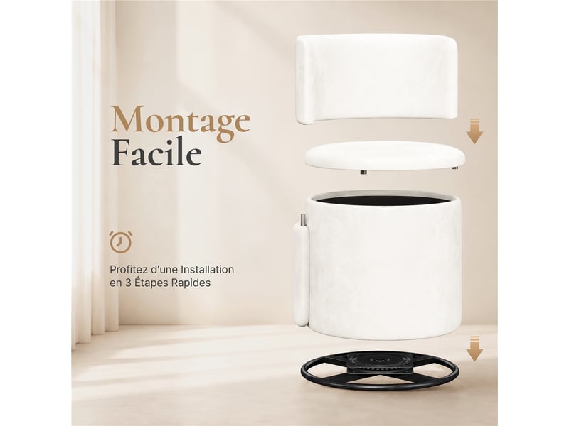 Chaise tabouret de coiffeuse pivotant à 360° en velours avec coffre de 40 l et dossier ergonomique 594025 White - Conforama D
