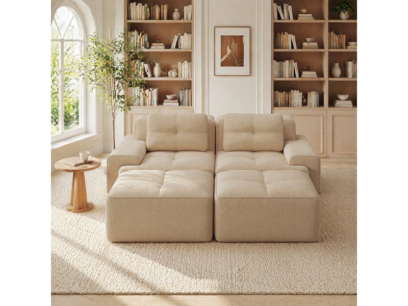 Canapé modulable 2 pl 204x177x69cm, canapé sous vide avec poufs, assise généreuse, pièce de salon, velours côtelé, beige - Conforama B