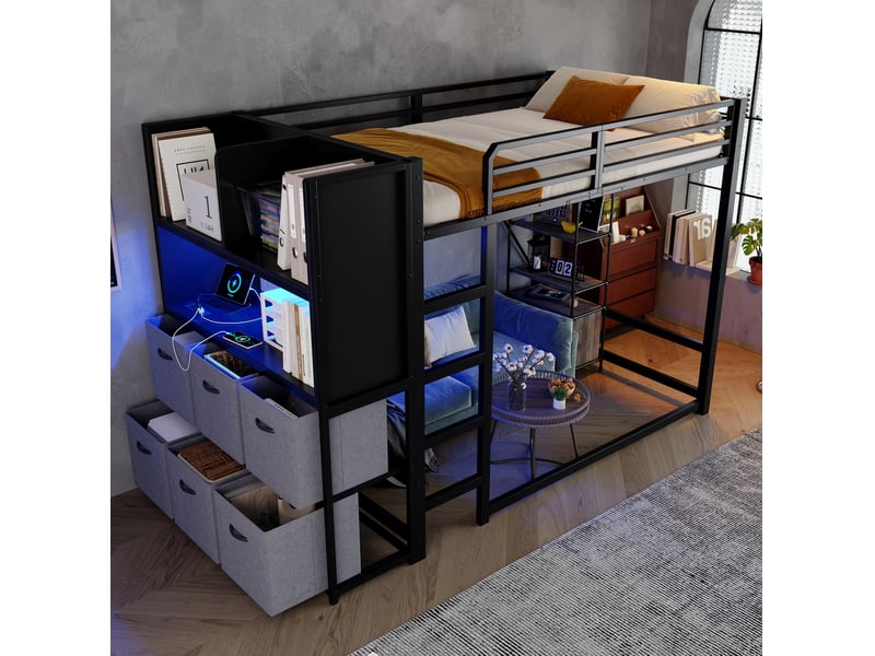 Lit mezzanine 120x200 cm avec rangement, éclairage et station de charge, noir gris, sans matelas - Conforama W