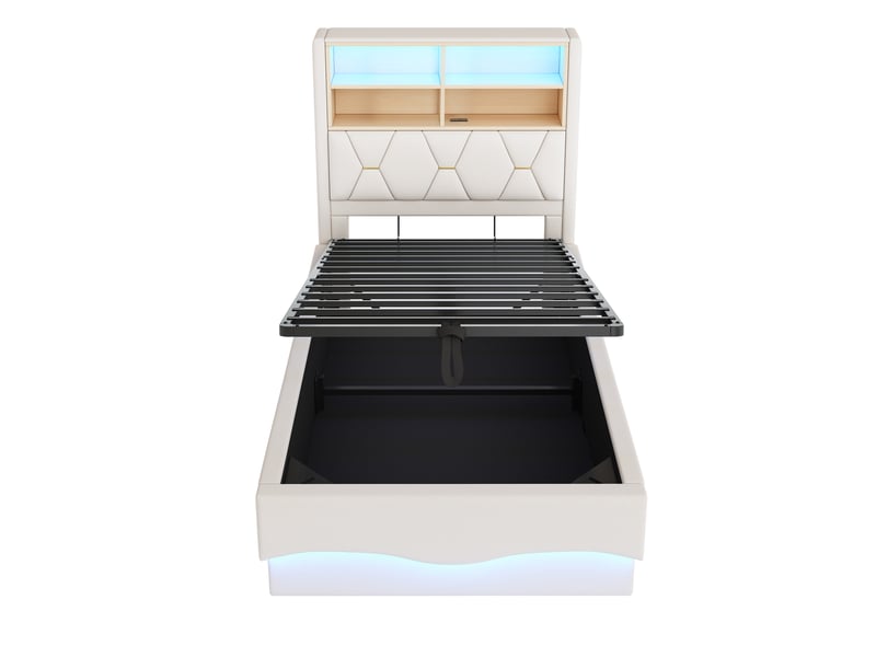  Lit coffre enfant 90x200 cm, lit simple avec rangement hydraulique, éclairage led et usb, sans matelas, beige  - Conforama E