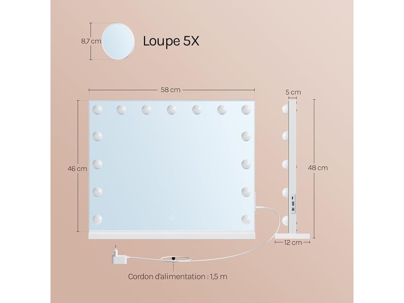  Miroir coiffeuse led, 15 ampoules led réglables,rectangulaire,58x48 cm, avec loupe grossissant 5x amovible, port usb type-c  - Conforama D