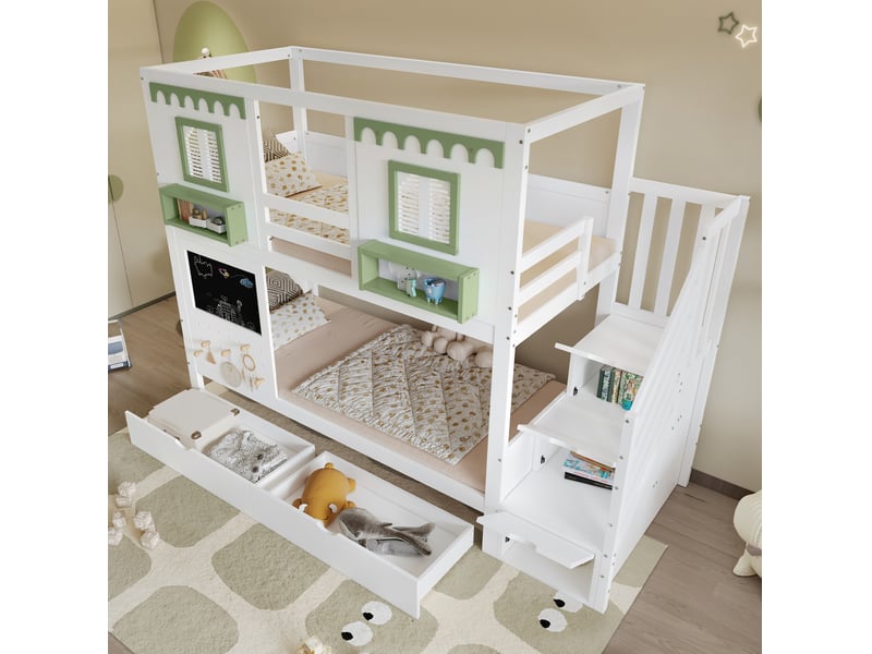  Lit superposé enfant 90x200 cm avec rangement, étagères, crochets, chambre d'enfant, mdf, blanc et vert sans matelas  - Conforama E