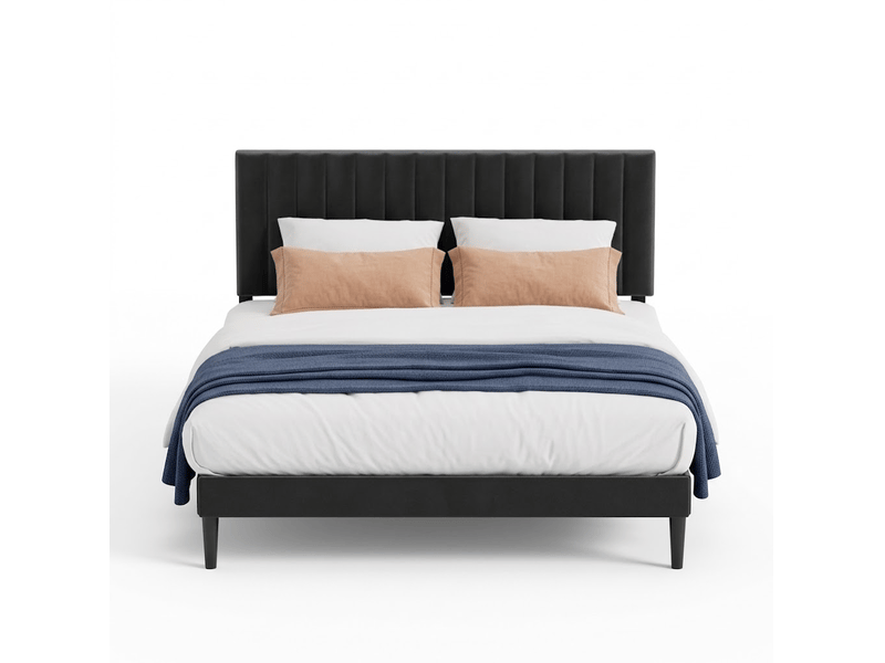  Lit 140 x 190 avec sommier à lattes en bois, lit double avec tête de lit rembourrée et cadre de lit métallique, design moderne et robuste, charge maximale 500 kg, noir  - Conforama A