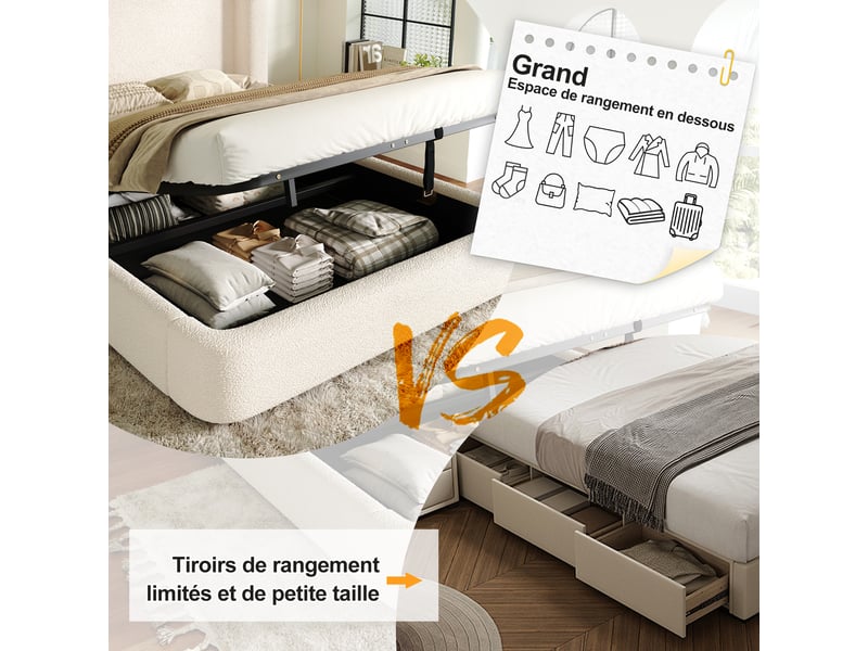  Lit coffre bouclé beige avec tête de lit enveloppante 160 x 200 cm Fay Lum - Conforama D