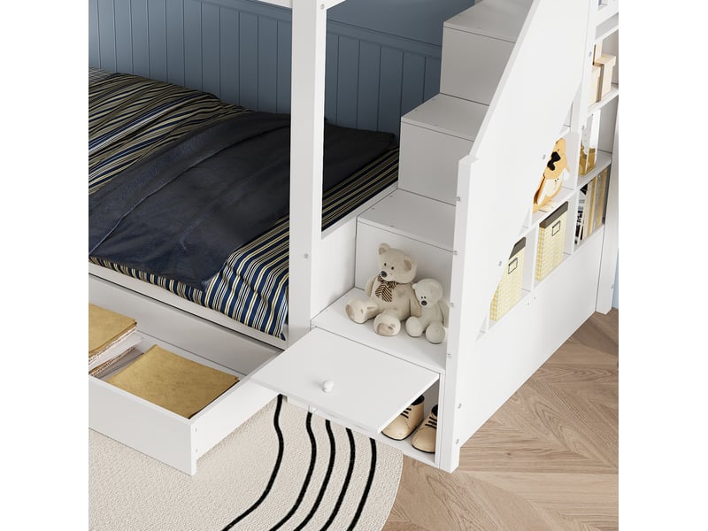  Lit superposé enfant 90x200 cm avec escalier de rangement et 2 tiroirs, bois et mdf, blanc, sans matelas  - Conforama D