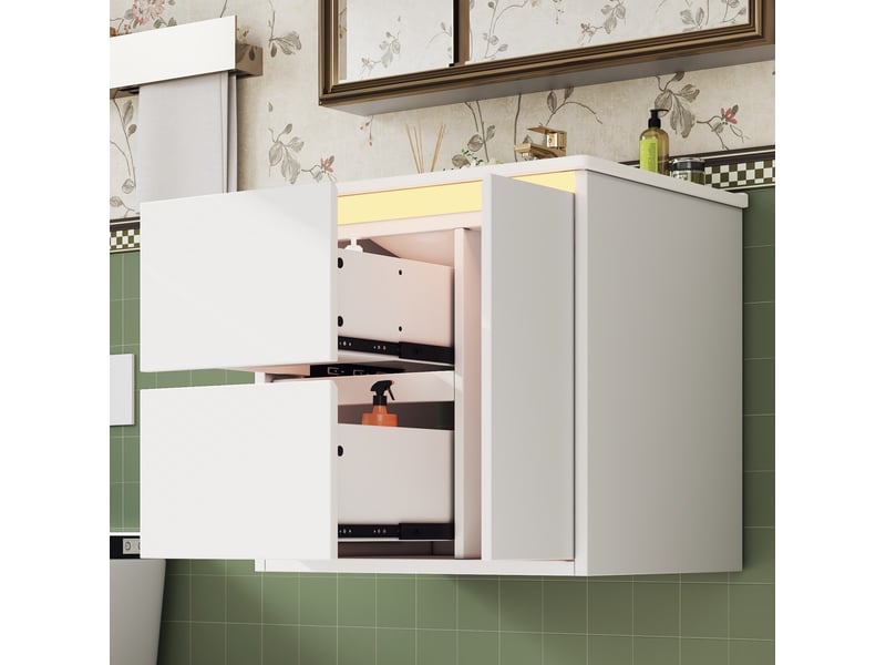  Meuble sous vasque mural led à capteur avec 2 tiroirs et placard à fermeture douce pour salle de bain, 61 × 46,5 × 57 cm  - Conforama D