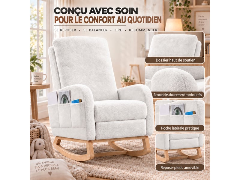 Fauteuil à bascule avec repose‑pieds, fauteuil d’allaitement en tissu teddy blanc, dossier haut ergonomique, poche latérale, chaise relax pour salon, chambre et espace bébé - Conforama C