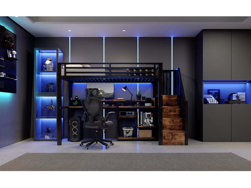  Lit mezzanine 90x200 cm noir, cadre en métal, armoire avec échelle, rangement, usb, type-c, led, sans matelas  - Conforama B