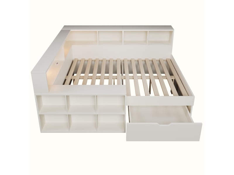  Lit banquette 140x200 cm avec rangement, led de lecture et ports usb-c, blanc, sans matelas  - Conforama D