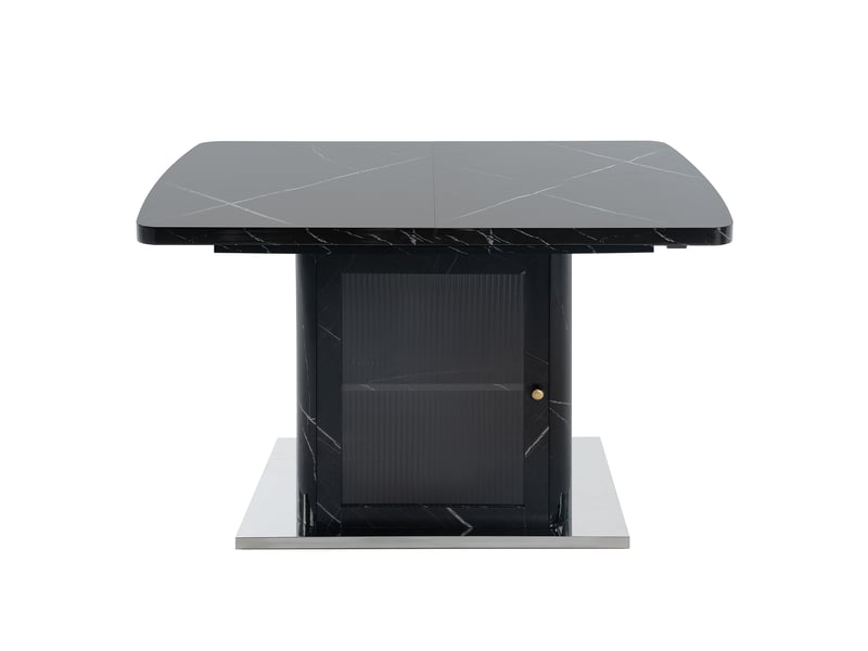  Table à manger extensible 120-160 x 80 cm avec meuble de rangement intégré, plateau mdf effet marbre noir, porte vitrée et base métal  - Conforama D