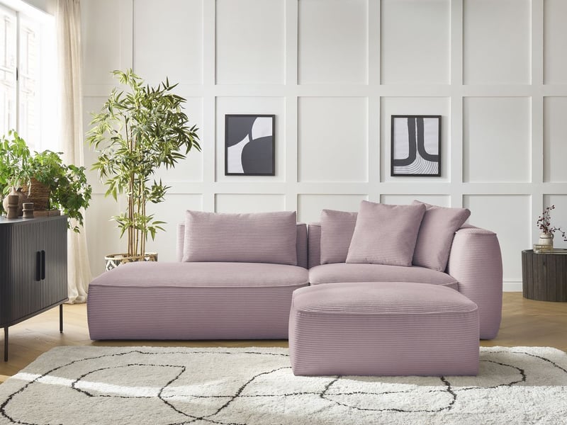  Bobochic canapé droit fixe 3 places leopold velours côtelé avec pouf violet  accoudoir droit LEOPOLD - Conforama C