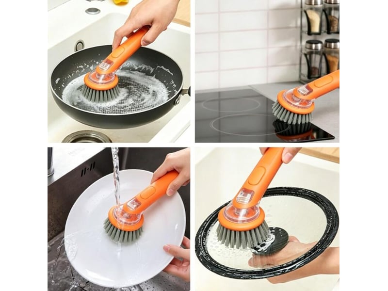  Brosse de nettoyage avec distributeur de savon, nettoyage puissant, convient pour les casseroles, les éviers, etc. Poils longs, orange  - Conforama D