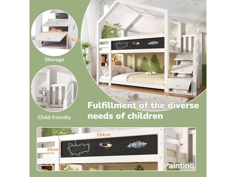  Lit superposé enfant 90x200 - lit cabane - tableau noir 154x20 cm - escalier rangement - 3 coffres - cheminée - 2 sommiers - blanc  - Conforama D