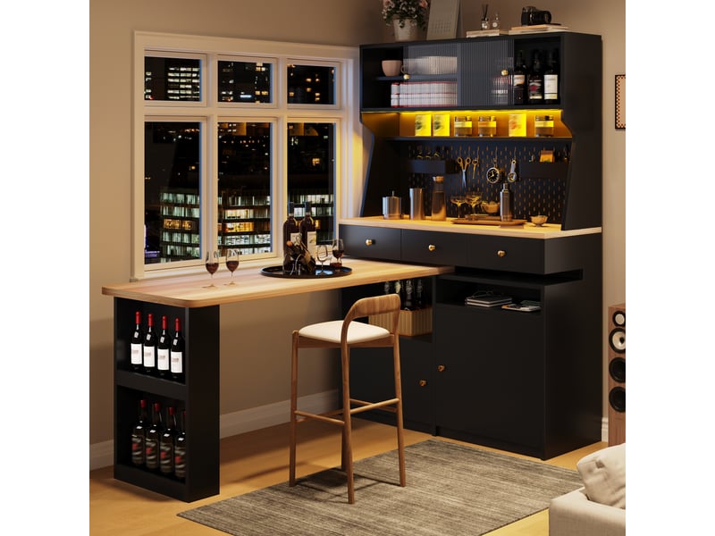  Buffet haut avec bureau intégré-armoire multif. Led-table de bar planche perforée-portes vitrées étagères régl-137x74x177,7cm-noir  - Conforama C