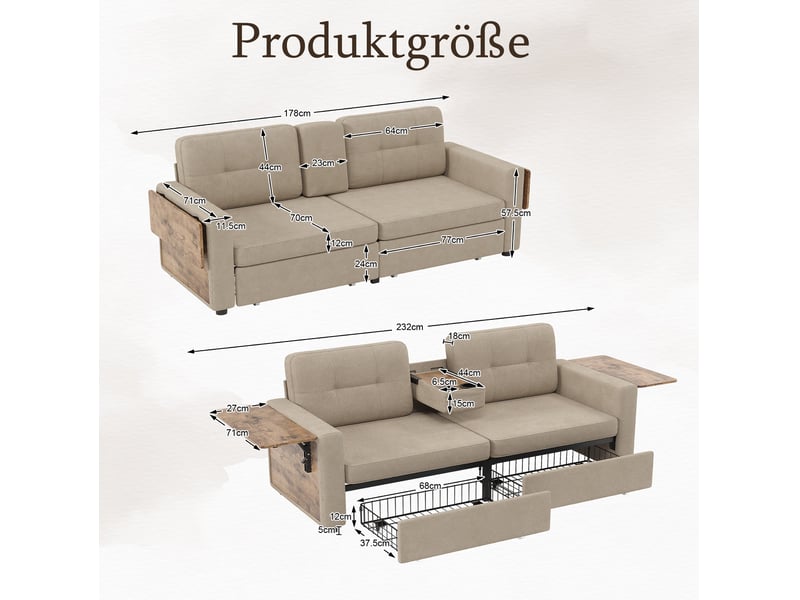 Canape droit 2 places 178x71x57,5 cm avec rangements et table réglable, 2 tiroirs, couleur kaki, moderne - Conforama C