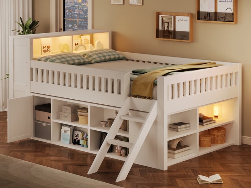  Lit enfant en bois, 140 × 200 cm, lit mezzanine avec éclairage led et espace de rangement, blanc  - Conforama B