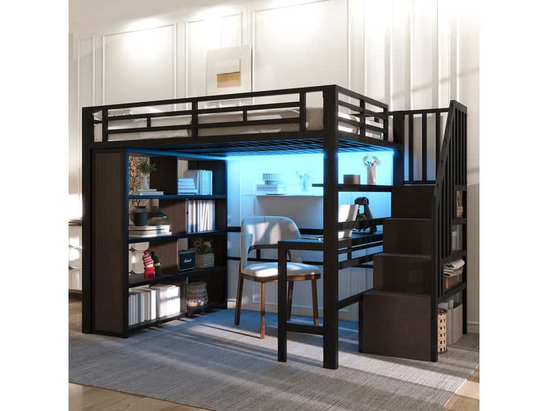  Lit mezzanine 140 x 200 cm sans matelas, structure métal, bureau, rangement, led, escalier avec coffre, noir  - Conforama E