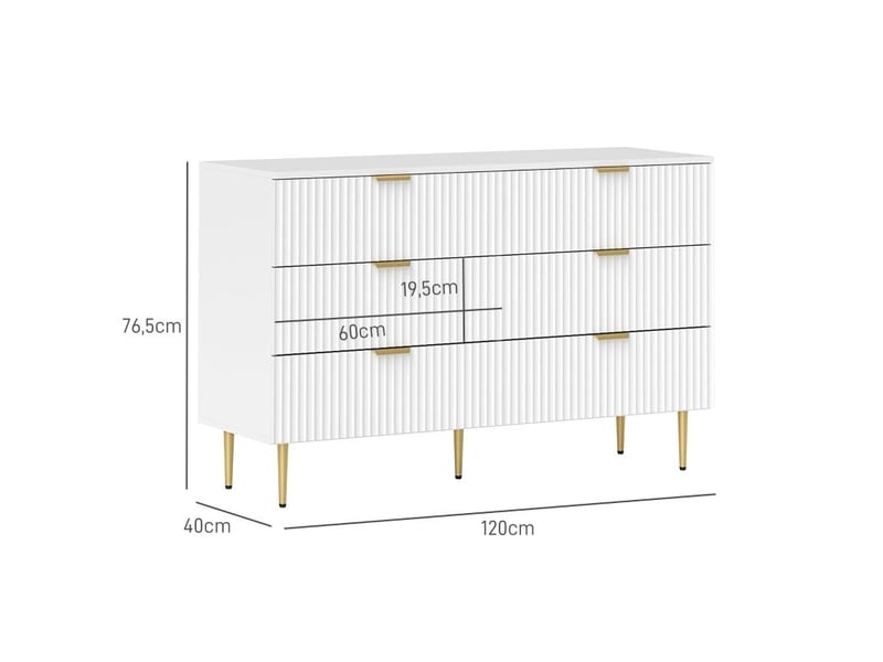  Commode 6 tiroirs commode chambre meuble de rangement moderne avec poignées et pieds dorés, 120 x 40 x 76,5 cm, blanc  - Conforama C