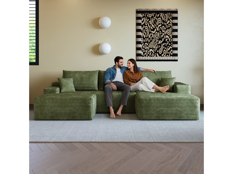 Canapé d'angle modulable 4 places avec méridienne en l velours côtelé vert 270 cm  - Conforama R