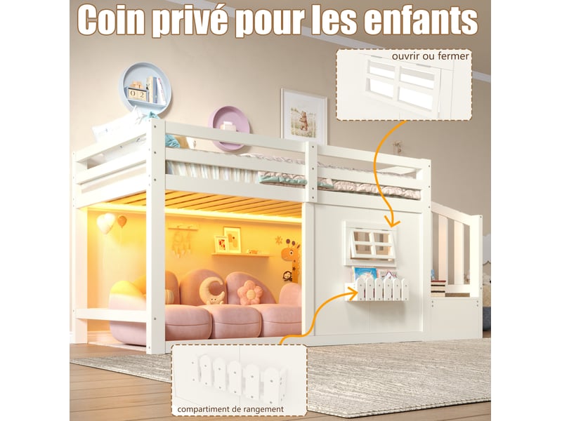 Lit mezzanine enfant 90 × 200 cm 1 place avec escalier de rangement et led réglable, sans matelas, blanc  - Conforama E