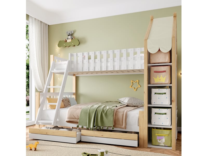  Lit superposé enfant 90x200 cm et 140x200 cm avec rangements blanc et naturel  - Conforama A
