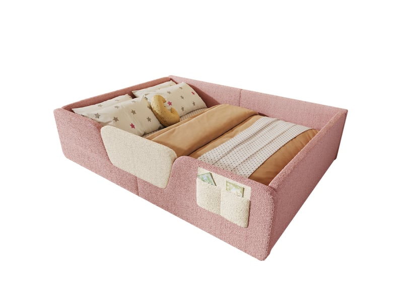  Lit enfant rembourré 140 x 190 cm en velours rose avec barrières amovibles  - Conforama A