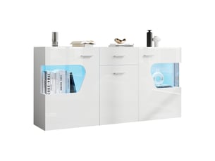 Buffet bas 140x33x70 cm avec led via appli, 3 portes, 1 tiroir, 8 rangements, verre trempé, façade blanc brillant, meuble salon et séjour