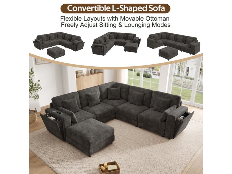  Canapé panoramique modulable 6 places 215x215x82 cm, forme ul, usb et usb-c, porte-gobelets, rangement, chenille - gris  - Conforama D