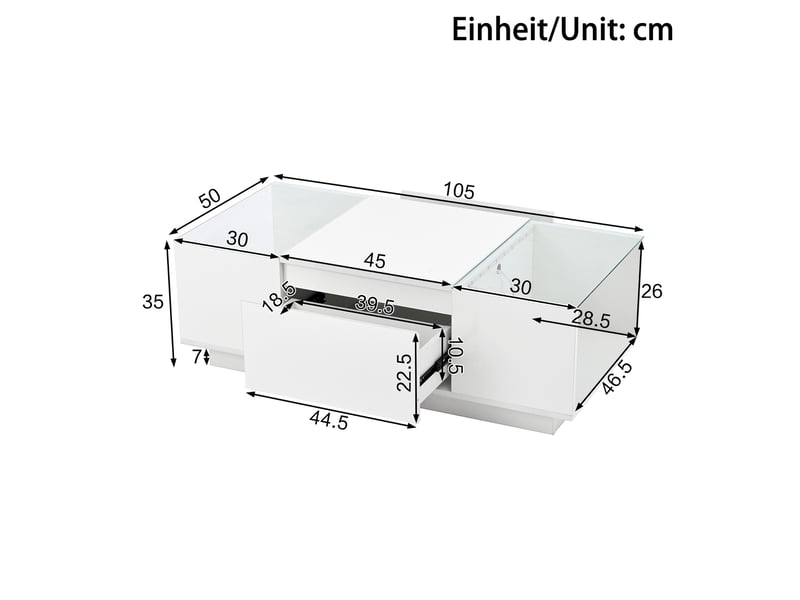  Table basse 105x50x35 cm, 2 tiroirs, grand rangement, éclairage led, plateau verre, style scandinave pour salon et séjour - blanc  - Conforama C