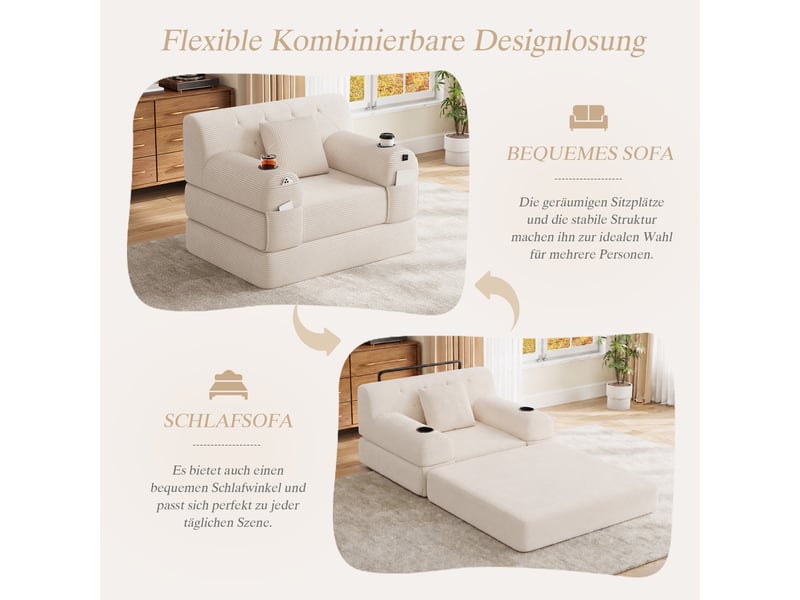  Canapé droit 1 place beige en velours côtelé avec haut dossier et rangement latéral intégré pour salon moderne  - Conforama E