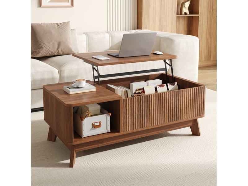  Table basse 95x48x50 cm, plateau escamotable, espace de rangement, rangement salon, meuble fonctionnel, en mdf, noyer  - Conforama B