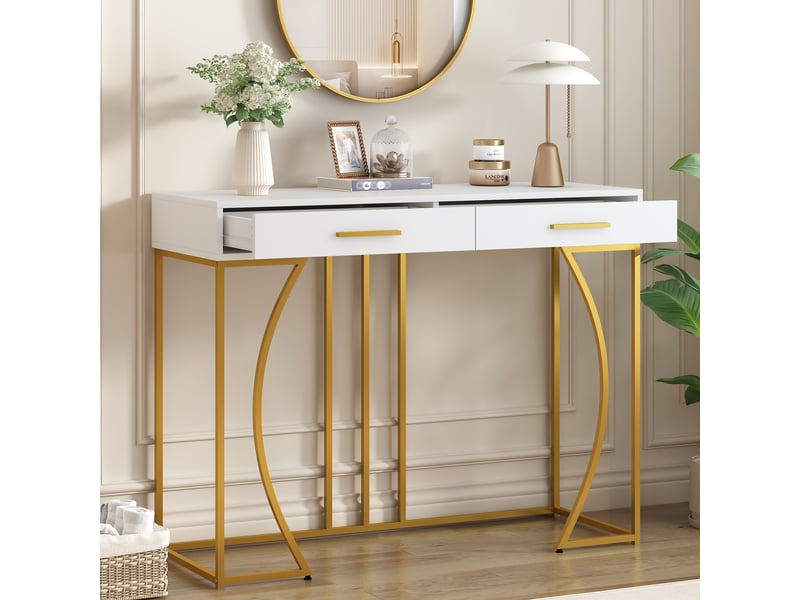  Rayofi console d'entrée 2 tiroirs, plateau mdf, structure métallique, 110 x 32 x 85 cm, blanc doré  - Conforama B