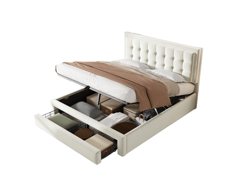  Lit coffre rembourré 140 x 200 cm, rangement hydraulique, 2 tiroirs, tête de lit, sommier à lattes en bois, velours, beige Bliss Lite - Conforama A