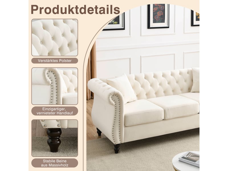 Canapé droit chesterfield 3 places en velours beige, dossier capitonné, accoudoirs arrondis, clous argentés, pieds en bois d’hévéa, assise à ressorts - Conforama E