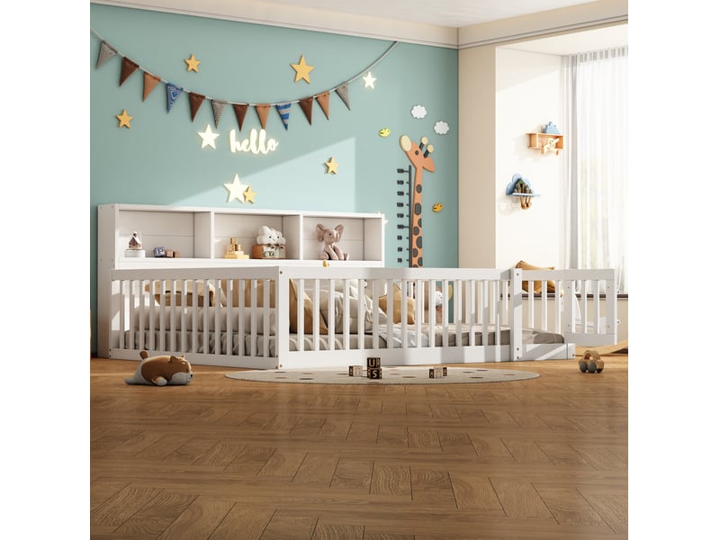  Lit banquette enfant 140x200 cm avec sommier, rangement et barrières, blanc  - Conforama B