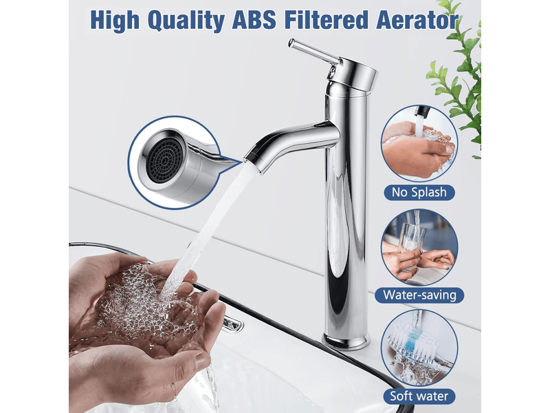  Robinet de salle de bain, mitigeur de lavabo haut à levier unique, adapté au lavabo, réglable en eau chaude et froide, chromé  - Conforama C