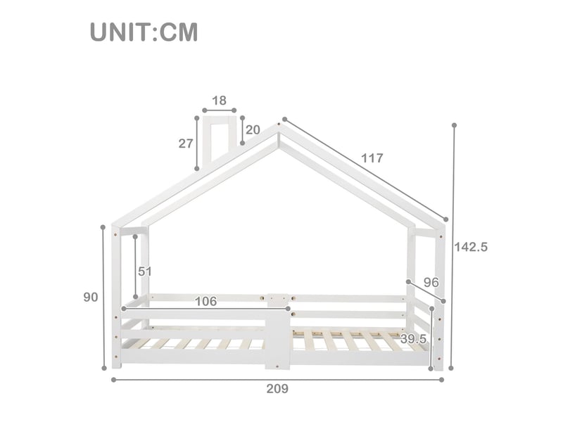  Lit enfant 90x200, garde-corps sécurité lit cabane enfant, structure pin massif, peinture non toxique, design cheminée ludique  - Conforama C