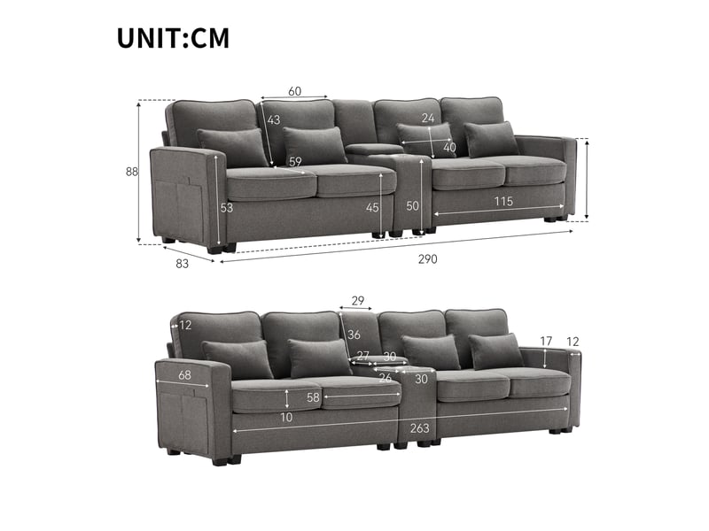  Canapé 4 places avec console, rangements et ports usb homvra  - Conforama E