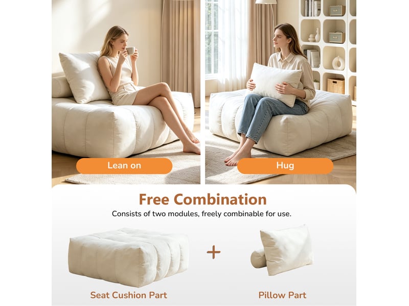  Fauteuil pouf bean bag 1 place en tissu blanc, siège fixe, confortable et compact pour salon, chambre ou bureau  - Conforama D