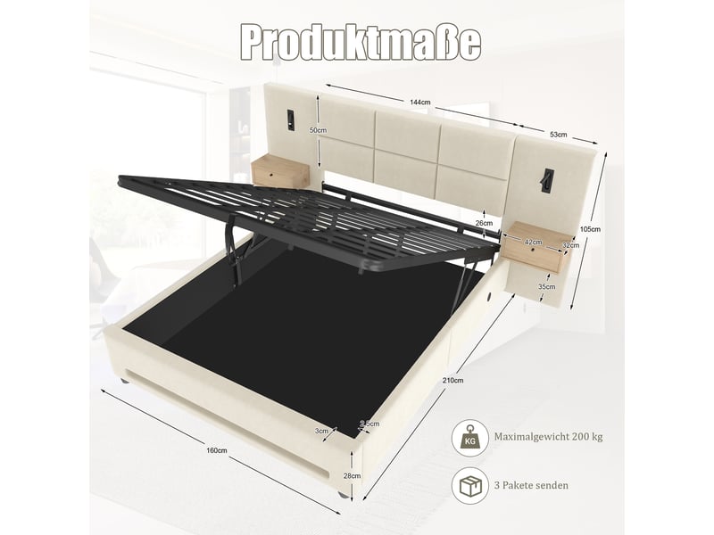  Lit coffre 160x200 cm en velours avec rangement hydraulique - tête de lit avec tiroirs et usb-c - led intégrée - beige  - Conforama C